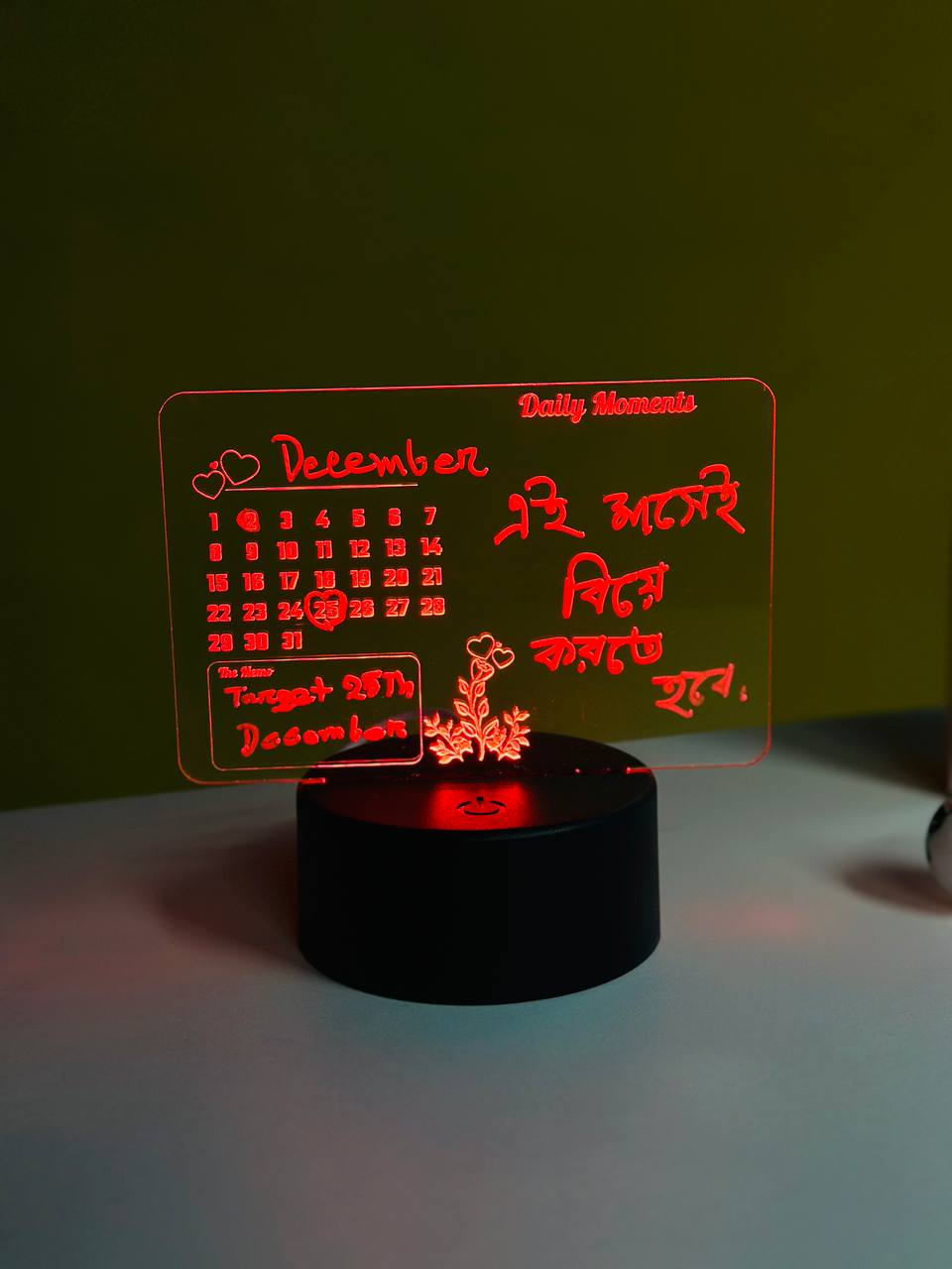 GearUP Multicolor Acrylic Night Lamp with Writable Calendar Board and Erasable Pen